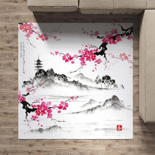 okoikfc Teppich 100 x 150 cm Japanische Kirschblüten 3D Teppich Wohnzimmer Japanische Kirschblüten Waschbarer rutschfest, Teppiche für Kinderzimmer Schlafzimmer Deko Antirutschmatte Carpet Matte,A532