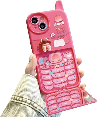 Shinymore Cartoon Hülle für iPhone 15, niedlicher Spiegel Lustiger Kawaii Kickstand Retro Handyhülle Mädchen Frauen Weiche Silikon Cover Case für iPhone 15 - Rosa