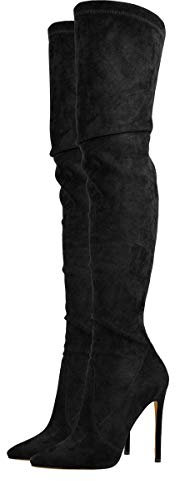 blingqueen Stivali sopra il ginocchio da donna, con tacchi alti, in pizzo, elasticizzati, effetto velluto, nero, 38 EU, Velluto nero, 38 EU