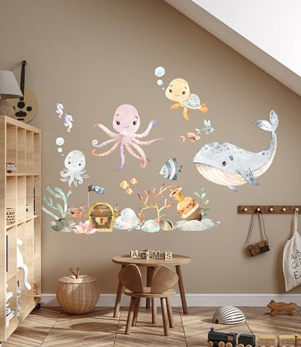 Wandtattoo Kinderzimmer Süße Meerestiere Aquarell Unterwasserwelt Watercolor Wandaufkleber Babyzimmer Spielzimmer Wanddeko K2027 (120cm(B) x170cm(H))
