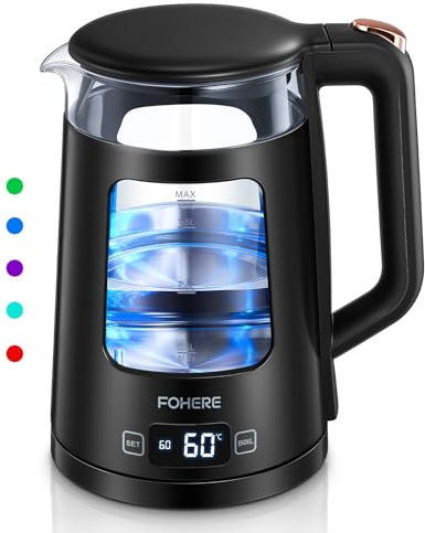 Elektrischer Wasserkocher mit Temperatureinstellung,1.7L Glas Wasserkocher mit Warmhaltefunktion, 2200W Schnelles Koche, Automatische Abschaltung & Trockengehschutz, mit 5 Farbigen Lichtern