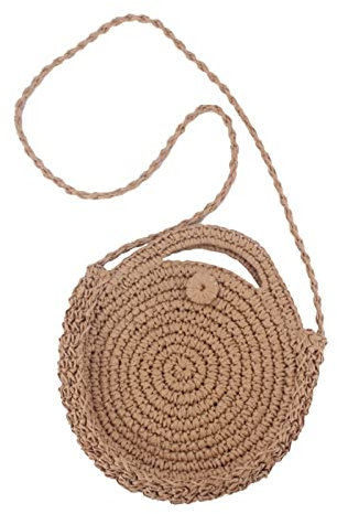 Kleine Taschen Kreis handgewebte runde Retro Rattan Strandtasche Umhängetasche Urlaub Strand geflochtene Tasche Runde Hand Bill Schulter Use Umhängetaschen Herren Schwarz Wasserdicht (Khaki, One Size)