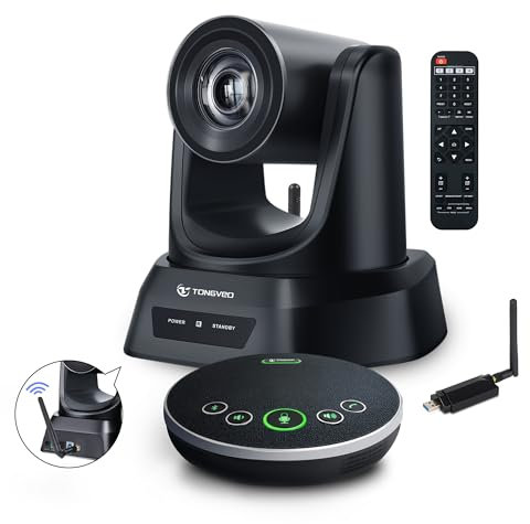 TONGVEO 5.8GHz Wireless Conference Room Camera system with Bluetooth Microphone,3X 60fps PTZ Camera for Worship Online Conference, Works with Zoom, Skype OBS Easy to Set Up(50ft Tx Dist.)