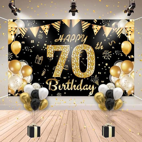 HLEIUKT 70 Geburtstag Dekoration Männer und Frauen, 70.Geburtstag Banner Schwarz Gold, 70 Jahre Geburtstagsbanner mit 20 Stück Luftballons, Extra Große Stoff Hintergrund Geburtstagsdeko Partydeko