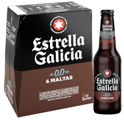 Estrella Galicia 0,0 6 Maltas - Cerveza Lager sin Alcohol, Pack de 6 Botellas x 25 cl, Sabor Intenso y Equilibrado, Aroma a Maltas Tostadas, Caramelo y Café, 0% Volumen de Alcohol