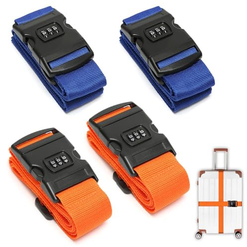4 Stück Koffergurte mit Schloss, 2 Farben Auffällig Kofferband Gurt, Verstellbar Kofferband Gepäckgurt für Koffer, Reisekoffer, Orange und Blau