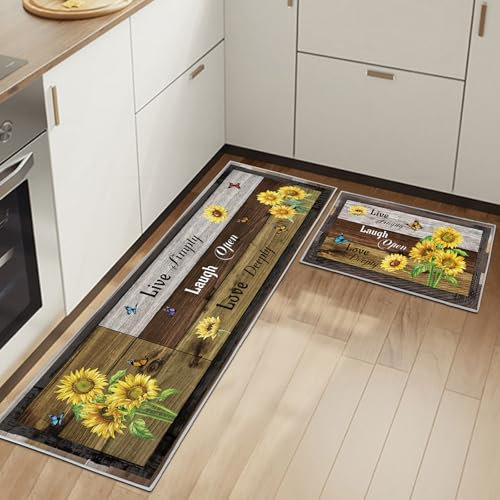 Küchenteppiche Rutschfestes Küchenmatten 2 Stück, Waschbar Küche Bodenmatte Küchenmatten Set Mit Schiebeaufkleber,Komfort Pflegeleicht Für Küche Staubdicht Fußmatte (Sonnenblumen, 43x75+43x150cm)