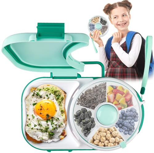 Snack Spinner, Multifunktionale Runde Snackbox Kinder mit Fächern und Deckel, Sicher Versiegelter Snackteller, Zuhause Tragbare Snackbox zum Drehen für Outdoor, Familien, Party (Grün)