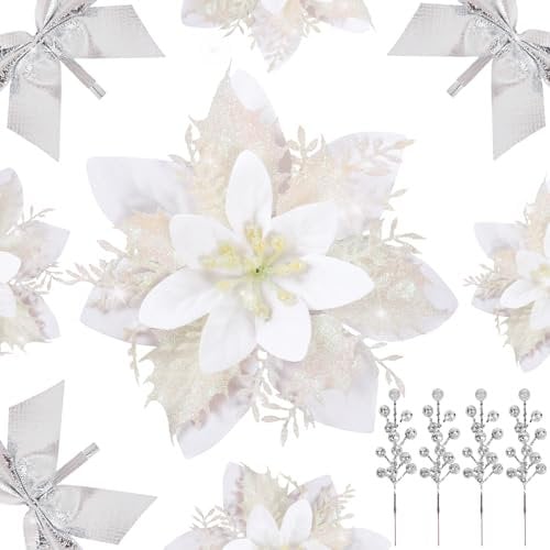 DEEMEI 12Sets Christmas Decorations Picks Glitter Poinsettia with Clips Stems Berries Bows Ornaments for Xmas Tree Wreath Garland Gifts Decor (White & Silver)