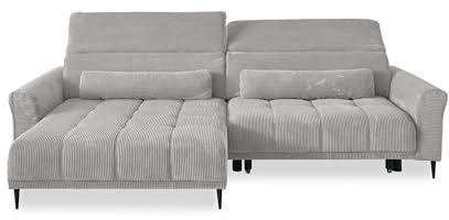 möbelando Wohnlandschaft >Wolve< Kopfteilverstellung, 2 Kissen, Cord Silbergrau - 277x108x179cm (BxHxT)