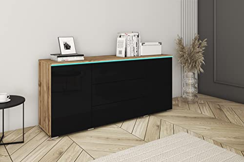 MINIO go for it - Kommode Veve Sideboard 150 cm Breit mit LED | mit Schubladen und Türen, Wohnzimmer Schlafzimmer, Wotan Eiche/Schwarz Hochglanz mit LED-Beleuchtung