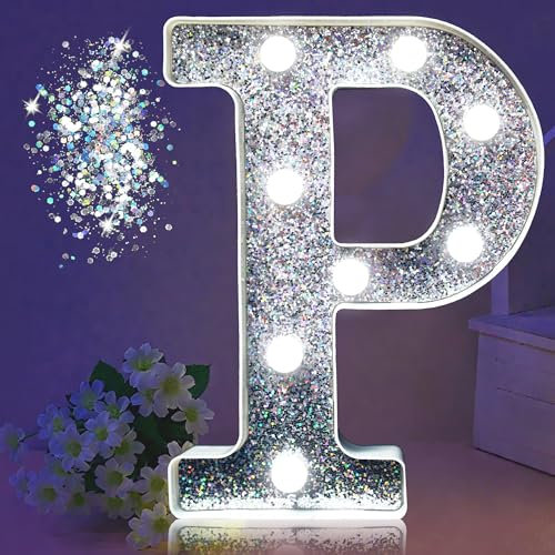 JEMESI LED Marquee Letter Lights, Light Up Silver Glitter Letters Sign Battery Powered Night Light for Birthday Party Wedding Home Decoration Baby Shower-P