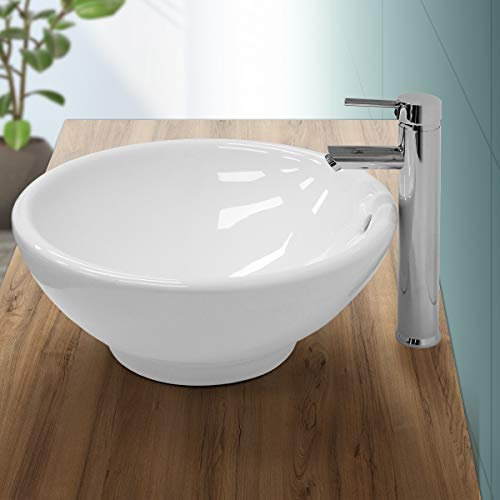 LuxeBath Waschbecken Keramik, rund Ø420x170 mm, Weiß, Aufsatzbecken mit Überlauf, Aufsatzwaschbecken für Badezimmer/Gäste-WC, Design Aufsatzwaschtisch Waschtisch Waschschale Waschplatz Handwaschbecken