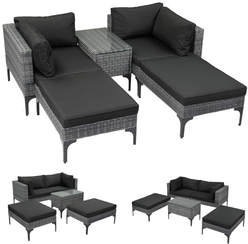 LEADZM Gartenmöbel Set,Polyrattan Lounge Set für 3-4 Personen,Balkonmöbel 2 Eck Sofas,2 Hocker,1 Couchtisch，Wetterfest & atmungsaktiv für Terrasse, Garten & Wohnzimmer,Schwarz