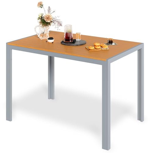 LIFERUN Gartentisch, Aluminiumrahmen, 110 x 70 cm, WPC-Balkontisch, wetterfest, rechteckiger Terrassentisch, Esstisch für draußen, hitze- und wetterbeständig, rutschfest – Teakbraun+Grau