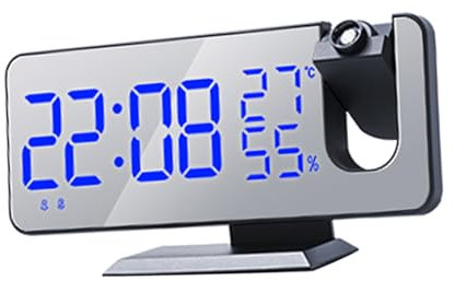 HOMOCONO Led Projektionswecker Mit Wettervorhersage Fm-Radio Und Hygrometer Digitaluhr Spiegelfläche Multifunktional Für Schlafzimmer Büro Und Wohnzimmer