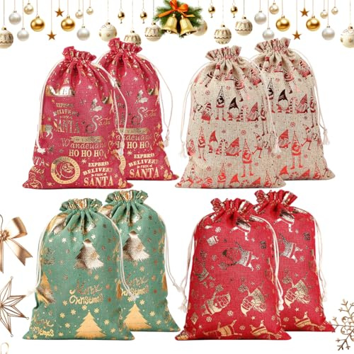 8 Stück Weihnachten Geschenk Beutel mit Kordelzug, Bunt Weihnachten Geschenktüte, Wiederverwendbare Tasche Säckchen Geschenk für Hochzeitsgeschenke, Party - 20×30cm