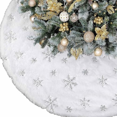 Weihnachtsbaum Decke, Weihnachtsbaumdecke Rund Weiß Christbaumdecke mit Silber Schneeflocken Weihnachten Baumdecke Tannenbaumdecke Tannenbaum Decke Weihnachtsdeko (silber90cm)