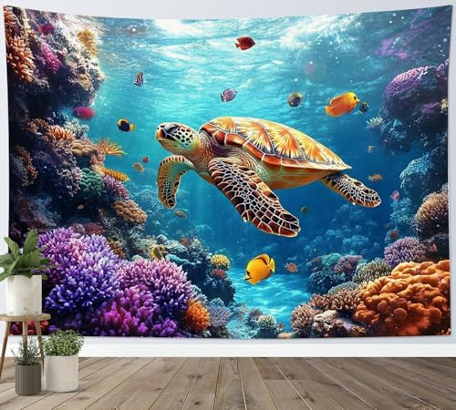 LB Wandteppich Meeresschildkröte Wandtuch Lila Koralle Tropischer Fisch Blauer Ozean Wandbehang Wand Deko für Wohnzimmer Schlafzimmer Wohnheim,235x180cm