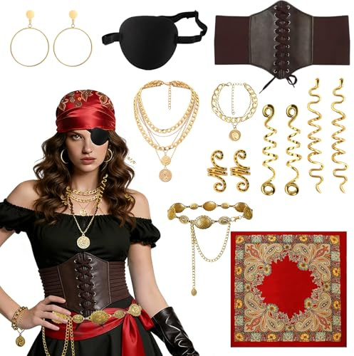Shinybox Piraten Kostüm Zubehör, Piratenkostüm Damen Zubehör mit Kopftuch Augenklappe Taillenkette Haarschmuck Ohrringe Halskette Armband Hüfte Tuch, Piraten Verkleidung für Halloween Cosplay Karneval