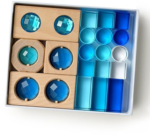 Acryl Bausteine Set, 19-teilig lichtbausteine, Stapelbar für Lichteffekte | Transparente Acryl Bausteine Würfel, Quader, Zylinder & Holz-Gem-Würfe, Sensorik Förderung bei Kindern (Blue)