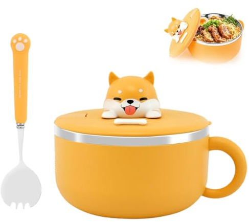 Bol à ramen instantané avec poignées, couvercle et fourchette, isolation thermique, double isolation, pour pâtes bento, jaune