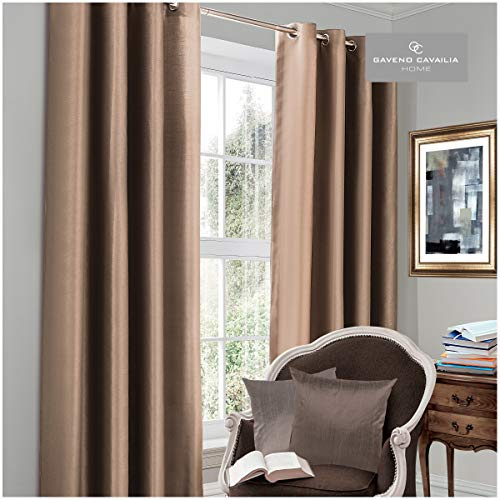Gaveno Cavailia Luxury Thermal Fully Lined Pair of Eyelet BLACK OUT CURTAINS Latte 90x90 Inches