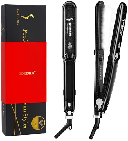 DORISILK 2.0 Upgraded Steam Straighteners for Hair, Professional Salon Ceramic Tourmaline Vapor Steam Flat Iron Hair Straightener and Curler 2 in 1 Straightening Curling Iron, Dual Voltage LED Temp