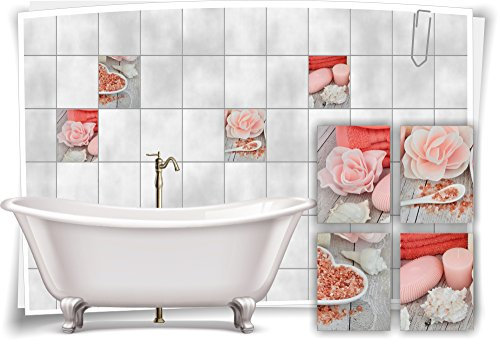 Medianlux Fliesenaufkleber Fliesenbild Kerze Muschel Rose Pastell Rosa Wellness SPA Aufkleber Sticker Fliesen Bad WC, 15x20cm fp5p101h-70979