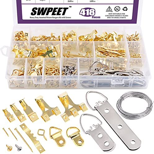 Swpeet, kit assortimento di 465 ganci per quadri, ganci per quadri, ganci, anelli a D, chiodi, viti ad occhiello, ganci a dente, ganci a dente di sega, filo in acciaio intrecciato per quadri