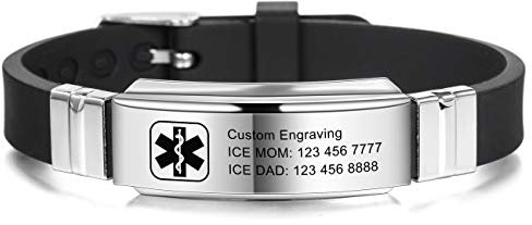 MOWOM Medical Bracciale Personalizzato con Incisione in Silicone Regolabile identificativo Sportivo identificativo per Uomo Donna Bambini Acciaio Inossidabile (Nero, *Personalizza Ora*)