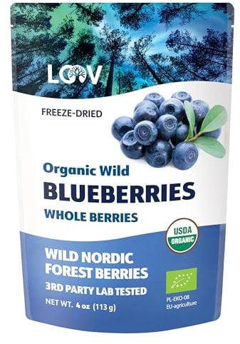LOOV mirtilli selvatici biologici, senza zuccheri od olii aggiunti, liofilizzati da foreste nordiche, 100% interi, Non-OGM, 113 g, bacche essiccate non zuccherate