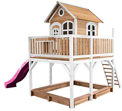 AXI Spielhaus Liam mit Sandkasten & lila Rutsche | Stelzenhaus XXL in Braun & Weiß aus FSC Holz für Kinder | Spielturm mit Wellenrutsche für den Garten