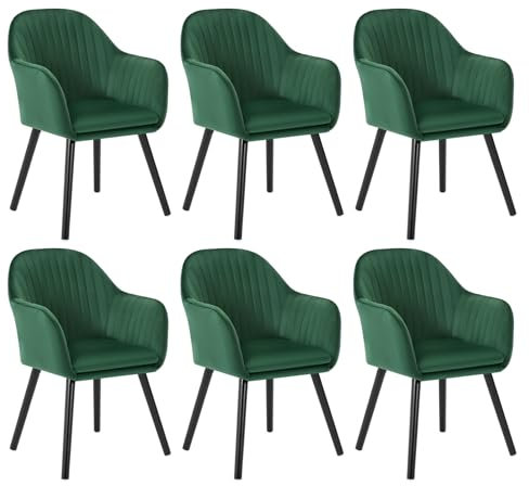 WOLTU Esszimmerstühle 6er Set Küchenstuhl Wohnzimmerstuhl Polsterstuhl Design Stuhl mit Armlehne Samt Massivholz Schwarze Beine Dunkelgrün BH259dgn-6