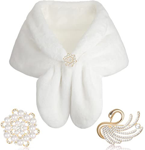 Geyoga Kunstpelz Schal Wickeln Stola Winter Braut Hochzeit Schal mit Damen Kunstperle Strass Brosche (Weiß, M, Kurzes Haar)