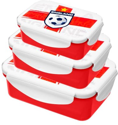 HOMESHOPA Plastic Lunch Box, 3Pk 500ML/900ML/1500ML Clip & Lock Airtight Food Storage Containers, England Football Print BPA free Leakproof Reusable Sandwich Boxes, Red