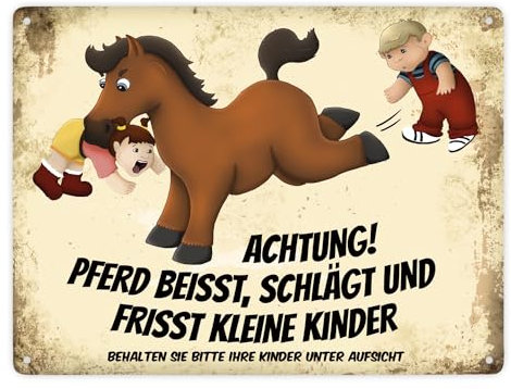 Achtung! Pferd beisst schlägt und frisst kleine Kinder Metallschild XXL mit Pferde Motiv