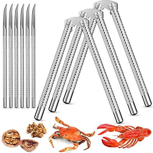 3 Sets Nut Crackers and 6 Pieces Picks Stainless Steel Nutcracker Metal Shell Cracker for Seafood Nuts (Silver)