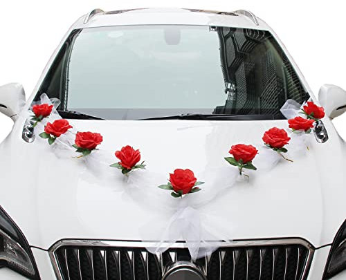 Autoschmuck Hochzeit Braut Paar Rose Deko Dekoration Auto Schmuck Car Wedding Girlande Autodeko Hochzeitsdeko Auto Blumenschmuck Hochzeitsschmuck Hochzeitsauto Deko für Hochzeit Party,Rot+Weiß