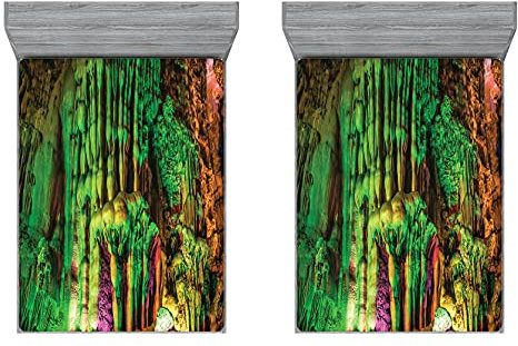 ABAKUHAUS Bunt 2er-Satz Spannbetttuch, Regenbogen farbige Felsen, Soft Dekorativer Stoff Bettwäsche Rund-um Elastischer Gummizug, 180 cm x 200 cm, Braun Grün