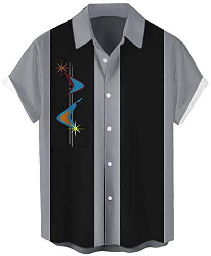 Men's Vintage Bowling Shirts 1950s Casual Short Sleeve Button Up Contrast Shirt Summer Color Block Cuban Shirts, Boomerang Black, XL