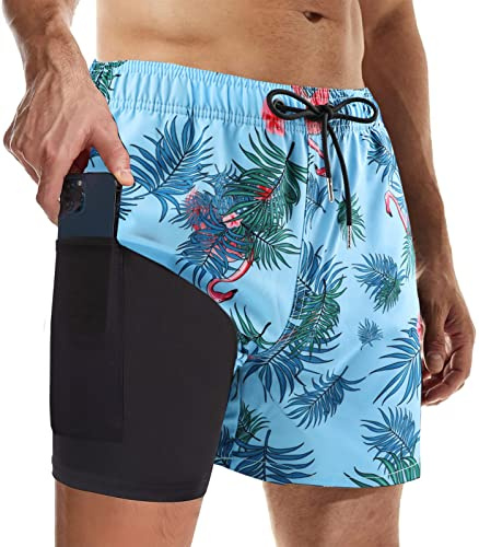Suwangi Men's Swim Trunks Double Layer Swimming Compression Liner Shorts | 2in1,QuickDry,ElasticWaistband,Board,Waterproof,Beach,Surfing,Stretch,Bathing