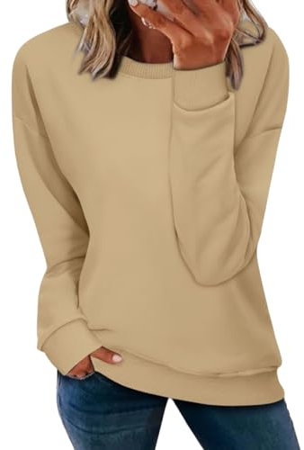 NEYOUQE Langarmshirt Damen Sweatshirt Langarm Rundhals Einfarbig Lässig Pullover Oberteile Oversize Shirt Damen Beige XXL