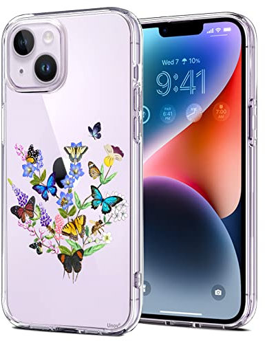Unov Case Compatible with iPhone 14 Plus Case Clear with Pattern Slim Protective Soft TPU Bumper Embossed Design 6.7 Inch (Flower Butterfly)
