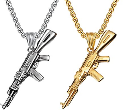 Liitata 2 Stück Armee Gewehr Anhänger Halskette Pistole Waffe Maschinengewehr Halskette Rock Gothic Punk Hip Hop Kette für Männer - Gold Silber Stil 2