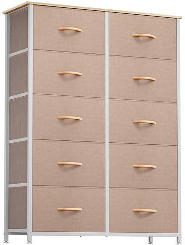 YITAHOME Commode pour Chambre à Coucher avec 10 tiroirs, Meuble de Rangement, Commode pour Chambre à Coucher, Salon, Cadre en Acier Robuste, Planche en Bois, tiroirs en Tissu (Kaki)