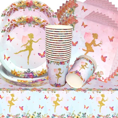 Doyomtoy Ballerina Geburtstag Deko, Märchenhaftes Partygeschirr Schmetterling Geburtstagsteller, Tassen, Servietten für Kindergeburtstag Blumen Party Deko Baby Shower 20 Gäste