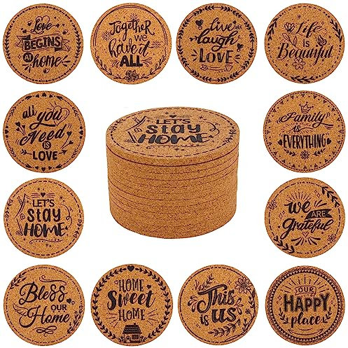STARUBY 12 Pcs Cork Coasters for Drinks, Coffee Table Absorbent Kitchen Dining Room Decoration 10cm Round Family
