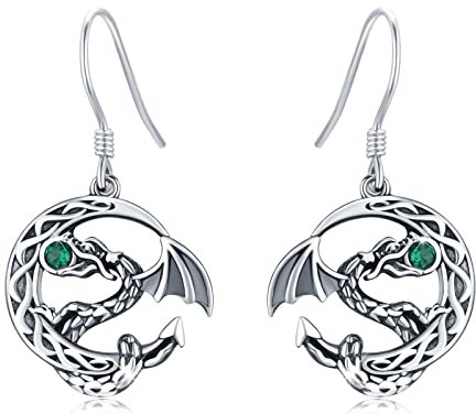 Drachen Ohrringe 925 Sterling Silber keltischer Knoten Mond Ohrringe Drache Ohrhänger mit grünen Zirkonia Tier Drache Schmuck Geschenke für Damen