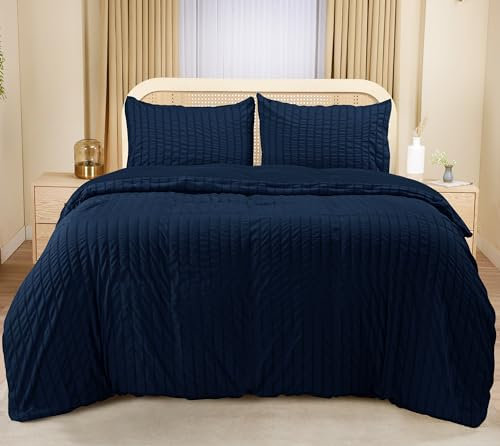 Utopia Bedding Seersucker Housse de Couette 200x200 cm avec 2 Taies d'oreiller 50x75 cm (Bleu Marine) - Parure de Lit 200x200 cm - Ensembles de Housses de Couette en Microfibre brossée Douce